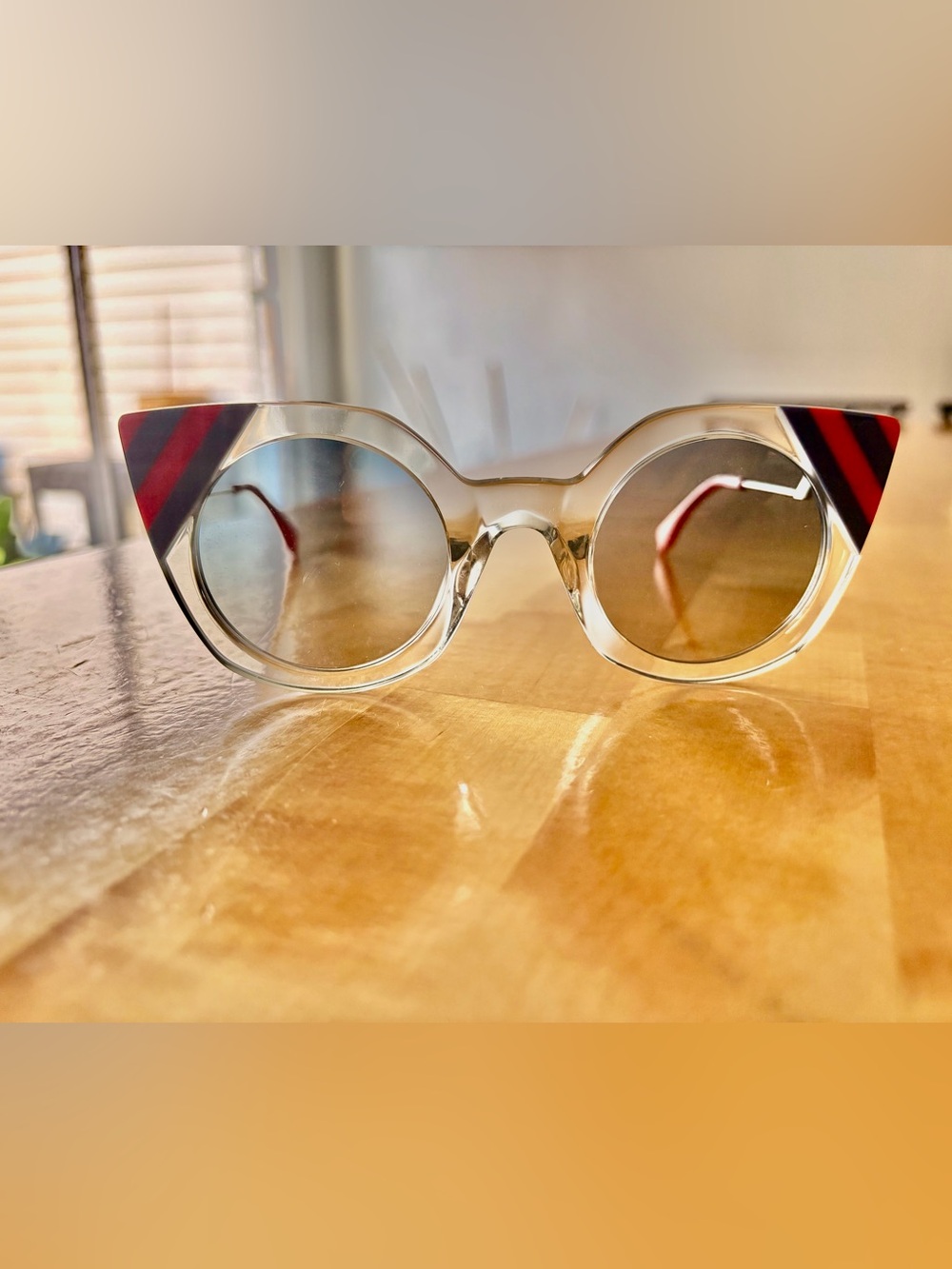 Fendi Clear Round Sunglasses with Red and Black Accent